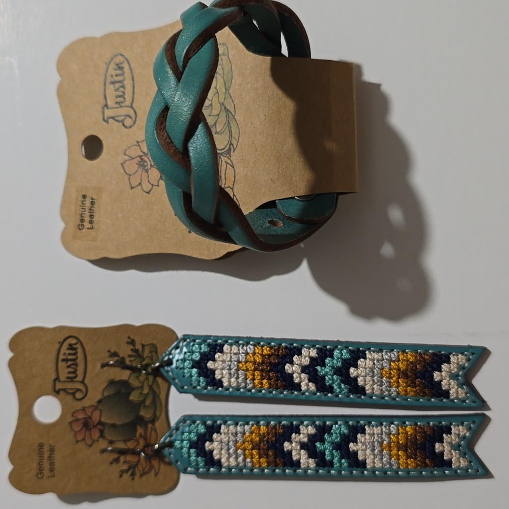 NWT Justin Genuine Leather Neutral Tone Needlepoint Earrings & Braclet Set